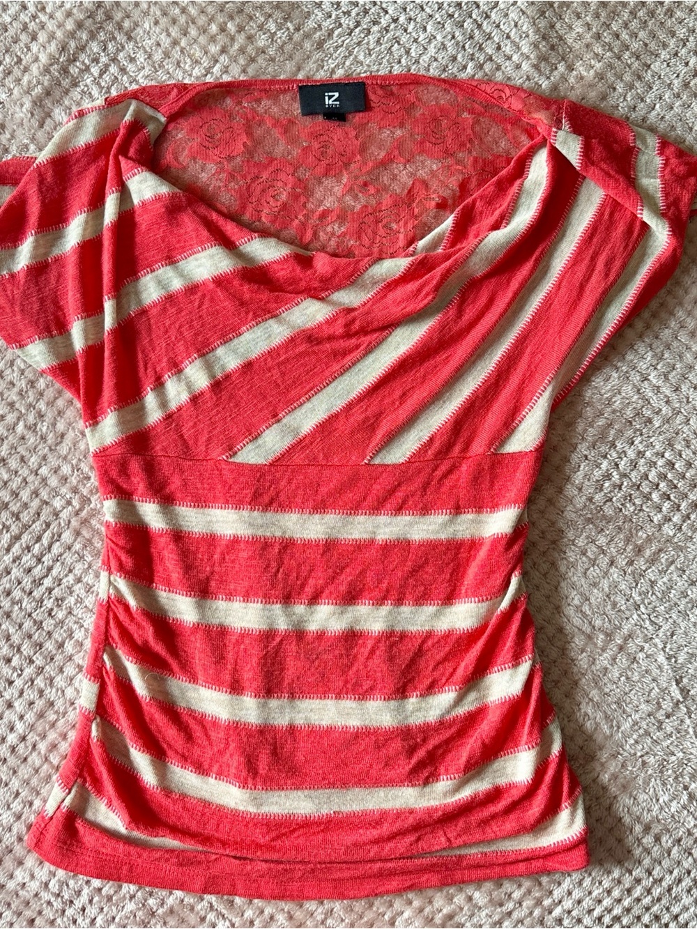 Y2K Iz Byer Coral and Grey Striped Womens Top Size M